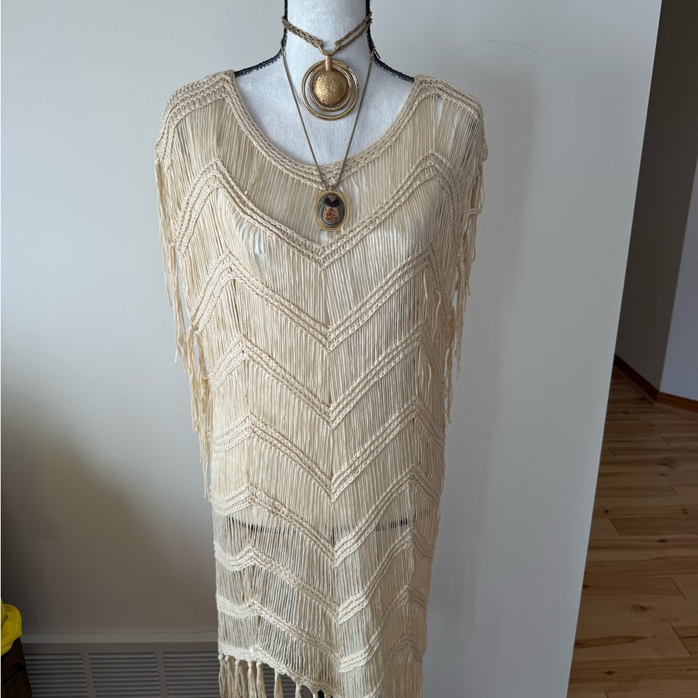 Crochet/mac Cream Fringe Sleeveless Dress/layering piece - Picture 9 of 11